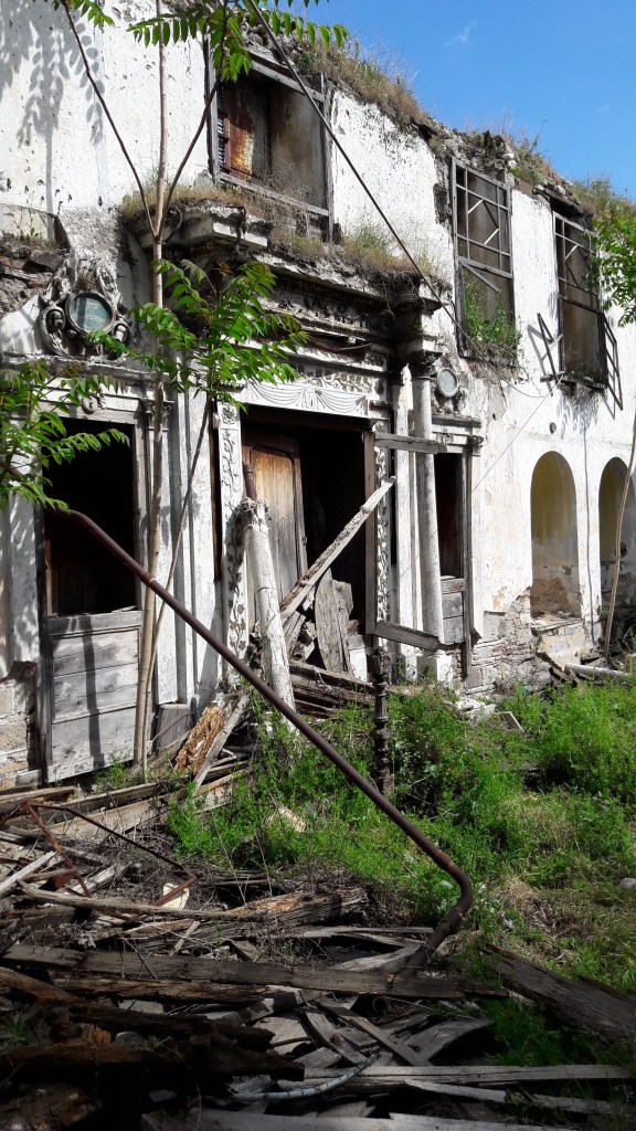 Die Synagoge ist stark zerstört und bewachsen. Im Vordergrund liegen Bretter.