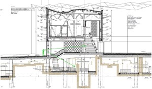 Bauplan, der einen Schnitt durch das Museum zeigt. Unten ist das Bodendenkmal zu erkennen. Auf Erdgeschossniveau befindet sich der Museumseingang, von dem Treppen in das erste Geschoss und aus dem Archäologischen Rundgang sowie ein Aufzug angeordnet sind.