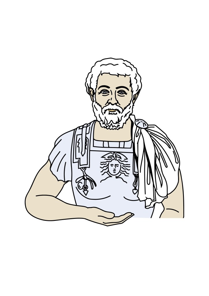 Alter Mann mit weißem Haar und Bart, bekleidet mit einem verzierten Brustharnisch und einem über die linke Schulter geworfenen Tuch.