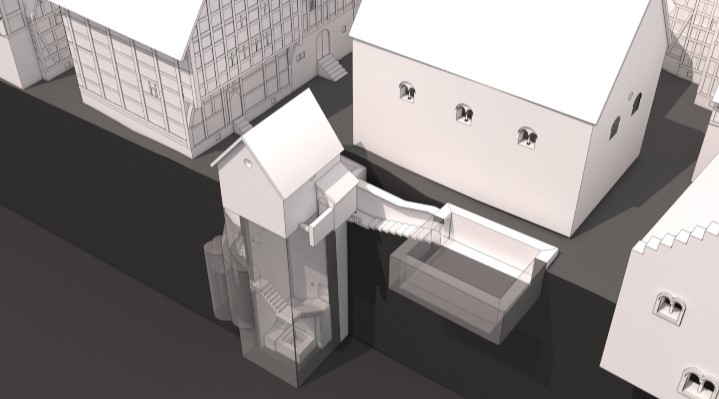 Diese Abbildung zeigt eine Rekonstruktion des Gemeindezentrums im mittelalterlichen jüdischen Viertel Kölns. Im Zentrum die Mikwe sowie zwei umliegende aufgehende Gebäude. Der unterirdische Schacht ist ebenfalls rekonstruiert und so die unterirdische Tiefe mit einzelnen Details erkennbar.