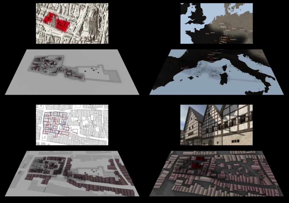 8 in 2 Reihen von jeweils 4 übereinander angeordnete Abbildungen von alten Stadtansichten, Straßenkarten, Landkarten und Ansichten von Fachwerkhäusern