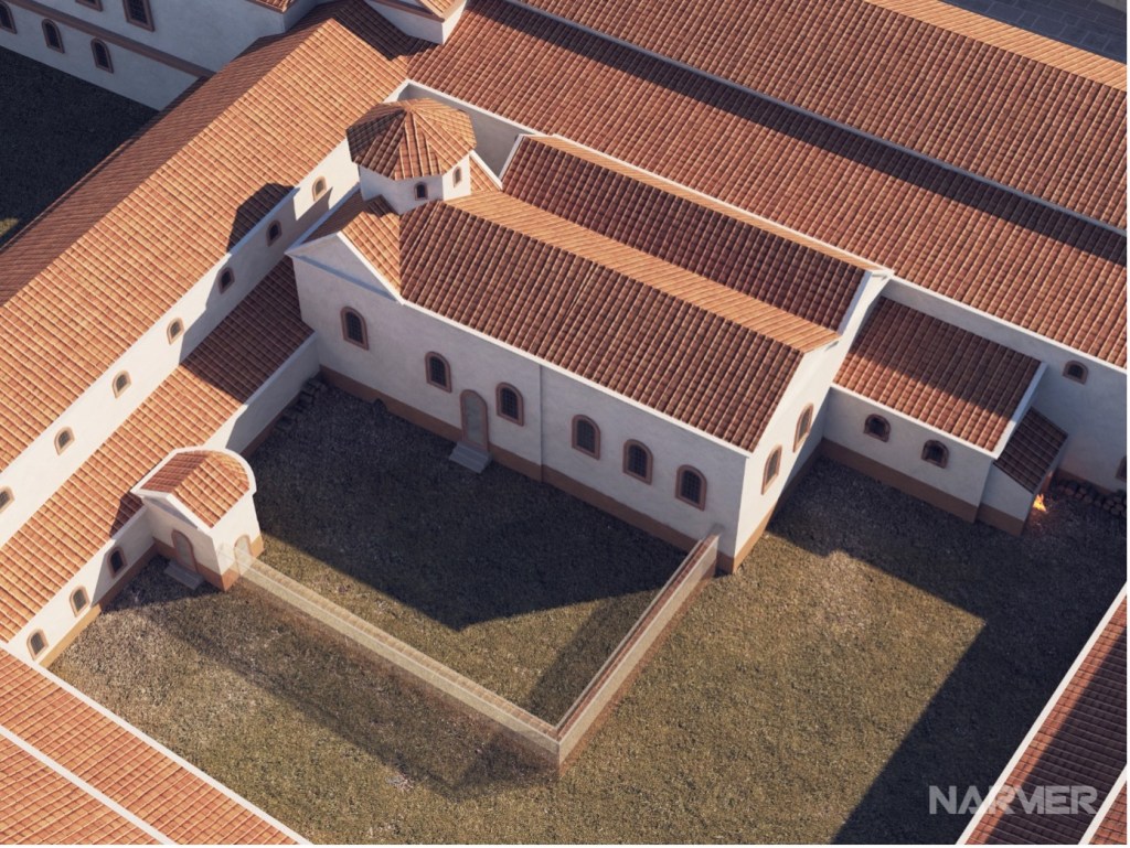 Rekonstruktion des Kölner Statthalterpalastes von oben. Weiße Fassaden, Rote Ziegel Dächer