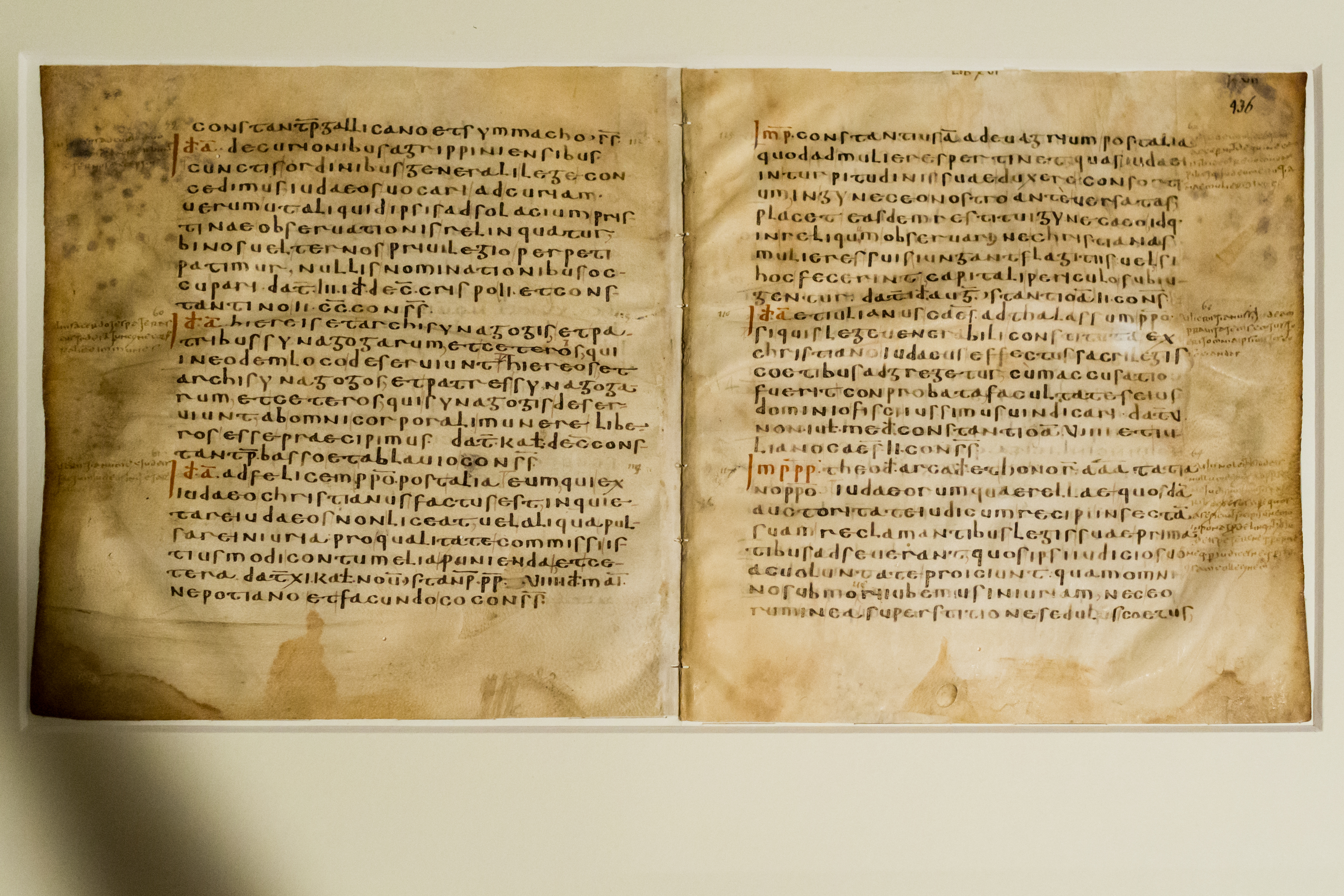 This photo shows the Edict of 321, a historical source. Two pages hold the copy and are slightly discoloured at the sides.