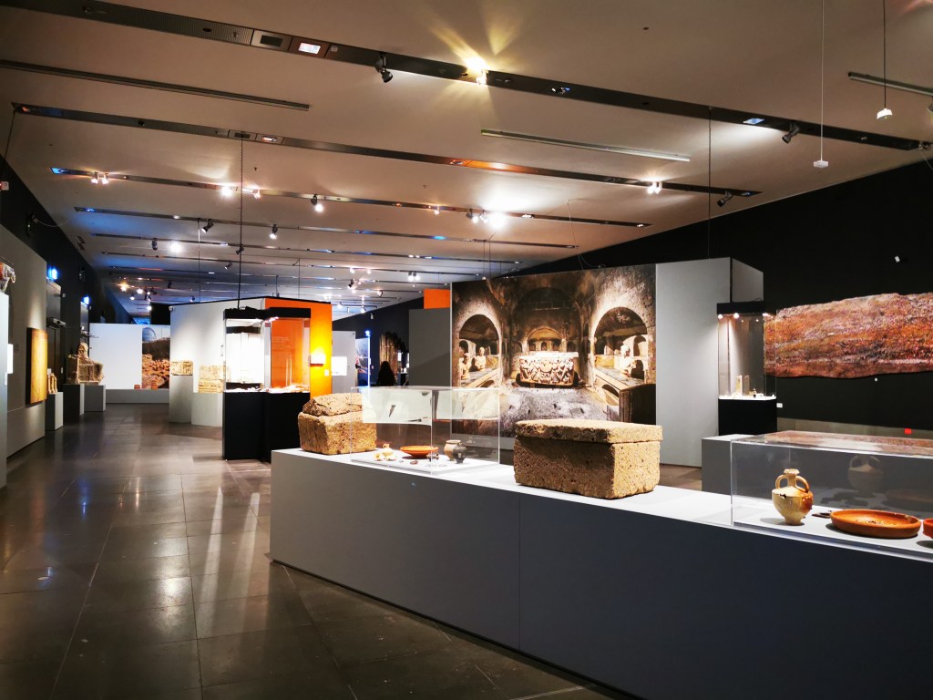 Blick in einen Ausstellungsraum mit großformatigen Grafiken, Vitrinen und archäologischen Funden auf Sockeln. Von oben wird alles beleuchtet.