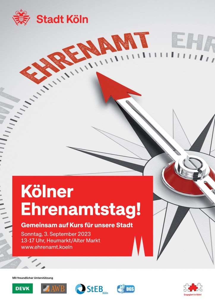 Ankündigungsbild zum Kölner Ehrenamtstag. Mit Kompassgrafik im Hintergrund, bei dem die Nadel auf den Begriff Ehrenamt zeigt, Veranstaltungstitel, -uhrzeit und -ort.