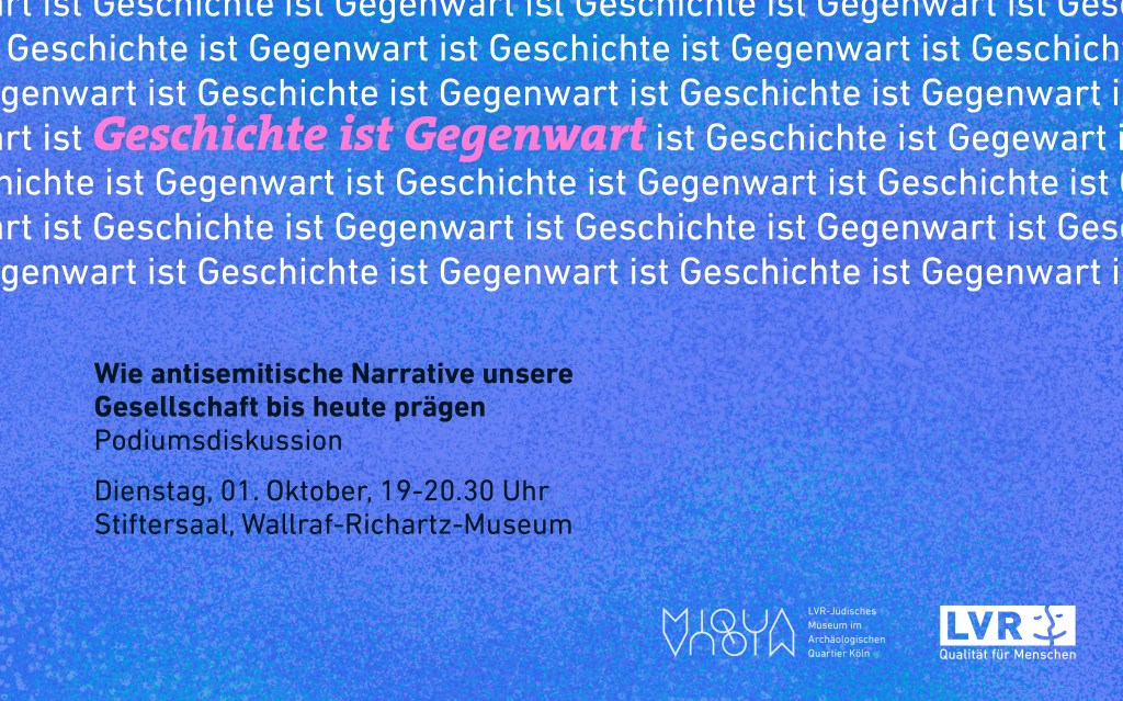 Veranstaltungsplakat zur Podiumsdiskussion in der Farbe blau.