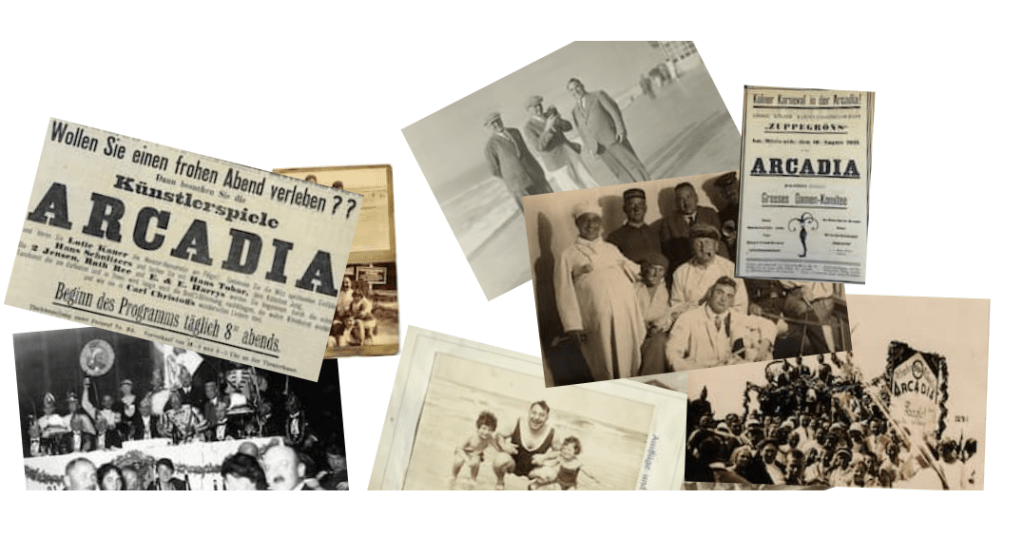 Viele historische Schwarz-Weiß-Fotografien und Zeitungsausschnitte liegen unsortiert über- und nebeneinander. Auf einigen sind mehrere kostümierte Menschen zu sehen. Das Wort „Arcadia“ taucht in den Zeitungsbildern und Fotografien auf.